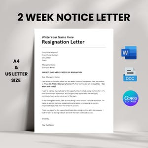 Carta de preaviso de 2 semanas, Carta de preaviso de dos semanas, Carta de preaviso profesional, Carta de preaviso de Google Docs Word Canva, Plantilla de renuncia