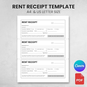 Editable Rent Receipt Template, Printable Simple Rent Receipt, Minimalist Receipt, Sales Receipt Editable, Business Receipt Canva Template