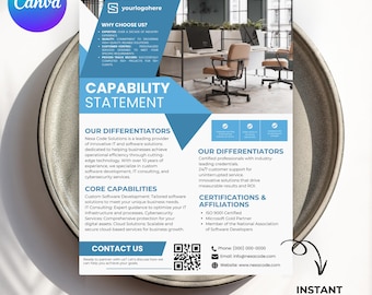 能力ステートメントテンプレートCanva、企業チラシ、編集可能なビジネス能力ステートメント、概要チラシテンプレート、能力ステートメント