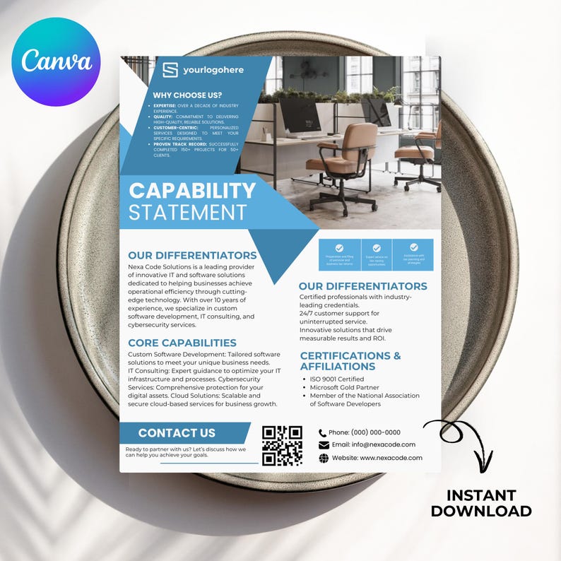 May include: A blue and white flyer with the title "Capability Statement" and the company name "Nexa Code Solutions". The flyer highlights the company's IT and software solutions, core capabilities, differentiators, certifications, and affiliations. It also includes contact information and a QR code.