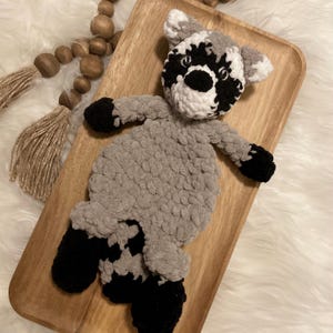 Roscoe Raccoon Crochet Mini Snuggler Lovey Baby Toddler Stuffed Animal Security Blanket Stuffy Amigurumi Birthday Shower Gift