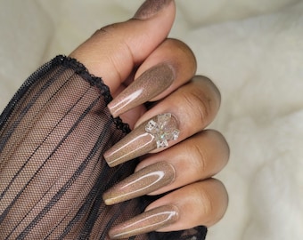 Color-Shifting Brown To Pink Press On Nail Set With Bow Accent| Long Coffin | Hand Painted | Reusable | False Nails | Spring| Neutral|