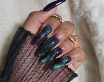 Purple Cat Eye Press On Nail Set | Long Coffin | Hand Painted | Reusable |  Luxury | Premium False Nails| Abstract | Spring Nail Art |