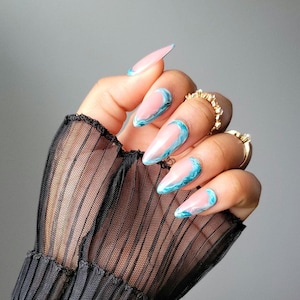Marble Ocean Wave Teal & Blue Press On Nail Set| Medium Almond | Hand Painted | Reusable | False Nails | Spring | Nail Art | Gel Nails
