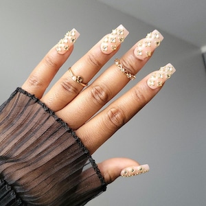 Rhinestone Press On Nail Set | Bling | Gems|  Medium Square| Hand Painted | Reusable |  Luxury | Premium False Nails | Spring Colors|