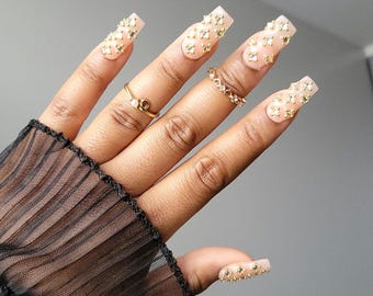Rhinestone Press On Nail Set | Bling | Gems|  Medium Square| Hand Painted | Reusable |  Luxury | Premium False Nails | Spring Colors|