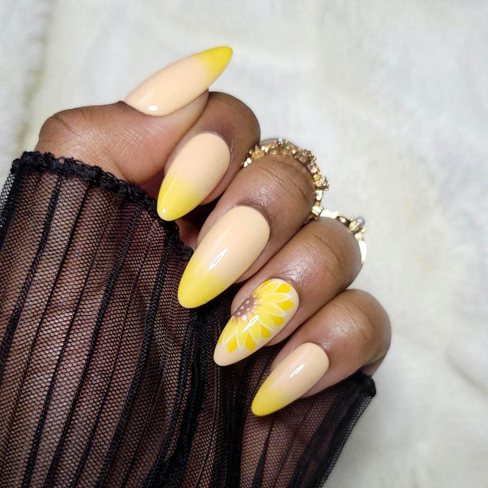 Yellow Ombre Sunflower Press On Nail Set| Medium Almond | Hand Painted | Reusable | False Nails | Floral Nails| Spring | Nail Art | Summer |