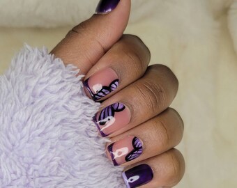 Purple Butterfly Press On Nail Set | French Tip Nails |Extra Short Square| Hand Painted | Reusable | Premium False Nails | Spring Nails