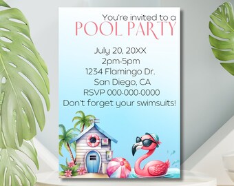 May include: Pool party invitation with a blue and white beach house, palm trees, and a pink flamingo wearing sunglasses. The invitation includes the date, time, address, and RSVP information. Don't forget your swimsuits!