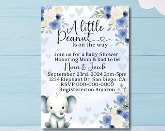 Instant DIGITAL Download, Editable Invitation Template- Baby Shower, Baby Sprinkle, Announcements, A Little Peanut, Blue Elephant Theme, Zoo