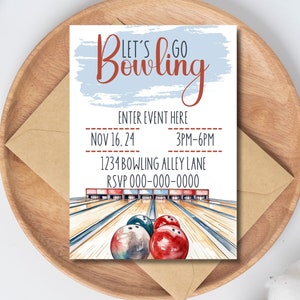 May include: A bowling invitation with a watercolor illustration of a bowling alley and bowling balls. The text reads "Let's Go Bowling", "Enter Event Here", "Nov 16, 24", "3PM-6PM", "1234 Bowling Alley Lane", and "RSVP 000-000-0000".