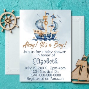 Könnte beinhalten: Eine Babyparty-Einladung mit dem Text "Ahoy! Es ist ein Junge!" und einer blauen und weißen Aquarell-Illustration eines Segelboots auf einem blauen Meer. Die Einladung enthält den Text "Ahoy! Es ist ein Junge!" sowie Details zur Party, einschließlich Datum, Uhrzeit, Ort, RSVP-Informationen und Registrierungsdetails.
