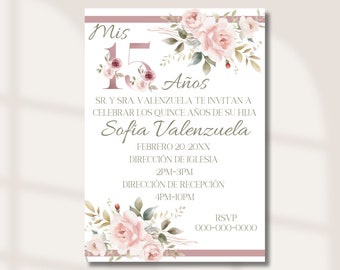 Natychmiastowe pobieranie cyfrowe-zaproszenie na Quinceanera, pigwa, Mis XV, Invitaciones de Quinceanera, różowy kwiatowy, przyjęcie urodzinowe, hiszpański, 15