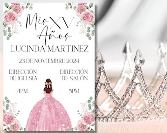 Natychmiastowe pobieranie cyfrowe-zaproszenie na Quinceanera, pigwa, Mis XV, invitaciones de quinceanera, różowy kwiatowy, przyjęcie urodzinowe, hiszpański