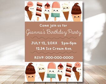 May include: A brown and white birthday party invitation with a cartoon ice cream theme. The invitation says "Come join us for Gianna's Birthday Party" with the date, time, and location. The text "RSVP: OOO-000-0000" is at the bottom of the invitation.