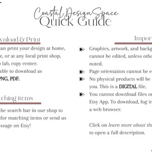 Pu&ograve; includere: Una guida rapida per l'utilizzo di uno spazio di progettazione digitale. La guida include informazioni sul download e la stampa di progetti, la corrispondenza degli articoli e informazioni importanti sui file digitali. Il testo include le parole "Coastal Design Space" e "Quick Guide".