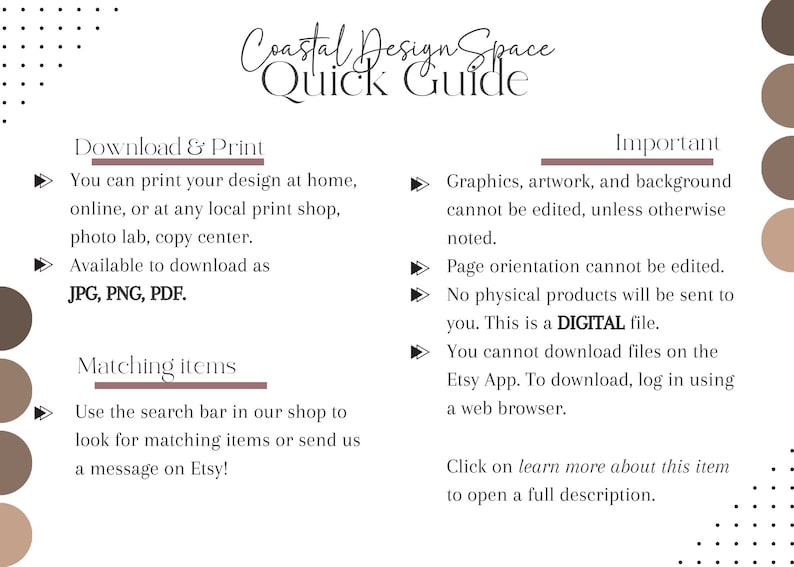 Pu&ograve; includere: Una guida rapida per l'utilizzo di uno spazio di progettazione digitale. La guida include informazioni sul download e la stampa di progetti, la corrispondenza degli articoli e informazioni importanti sui file digitali. Il testo include le parole "Coastal Design Space" e "Quick Guide".
