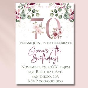 Convite para festa de 70º aniversário para mulheres - Modelo digital editável: Mãe, avó, avó, festa surpresa - Cartão de aniversário de 70º aniversário em ouro rosa
