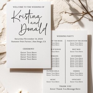 Plantilla de programa de boda - Tarjetas de ceremonia de boda - Minimalista - Impresiones de programas - Orden de servicio - Imprimible/Editable - Moderno y simple