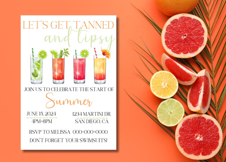 Tanned & Tipsy Summer Invitation, Instant Digital Download, Pool Party ...