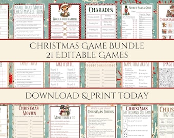 May include: A collection of 21 printable Christmas game cards featuring a variety of themes, including bingo, charades, trivia, and more. The cards are decorated with a vintage Christmas aesthetic and feature illustrations of reindeer, snowmen, and other holiday icons.