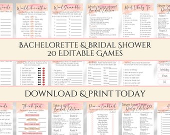 May include: A set of 20 printable bridal shower games with pink and peach watercolor backgrounds. The games include "Would She Rather", "Word Scramble", "What's in Your Phone?", "Most Likely To", "Never Have I Ever", "Think Fast", "Take a Sip", "Pour or Cocktail", "Dirty Edition", "A-B-C", and "Twenty Questions".