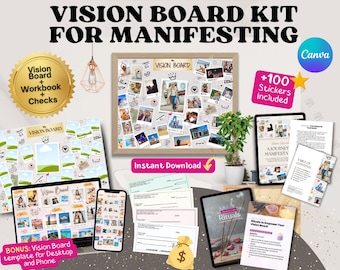 Vision Board Kit, Manifesting Checks, Workbook (Editable Canva Templates) (Digital Download)