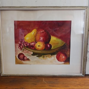 Vintage Framed Watercolor Still Life, Original Artwork, Bowl of Fruit Painting Signed