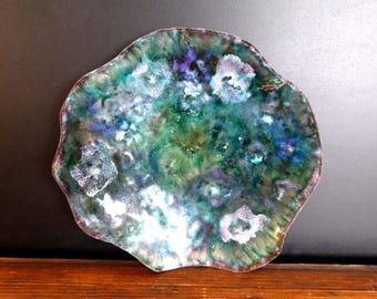 Vintage Enamel Over Copper Dish, Mid-Century Modern Abstract Catchall Bowl, Large Scalloped Artisan Bowl