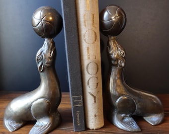 Vintage Brass Circus Seal Bookends: MCM Home Decor