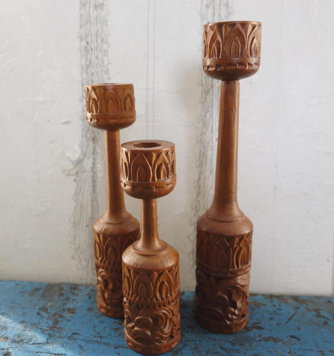 vintage-mcm-hand-carved-wooden-candlestick-holders-boho-candle-holders