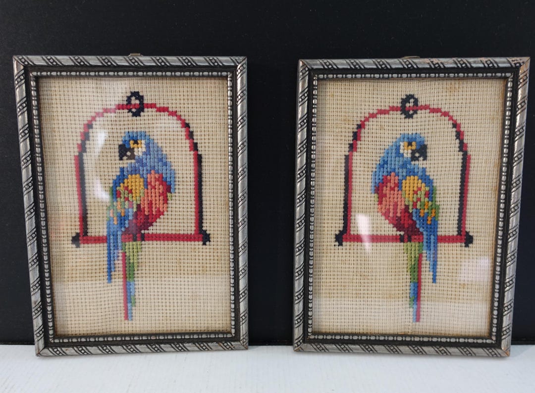 Vintage Parrot Bird Needlepoint, Handmade Framed Needlepoint Colorful ...