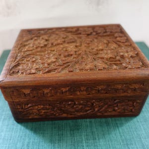 Vintage Carved Wood Jewelry Box, Wooden Carved Box, Floral Keepsake/Trinket Box