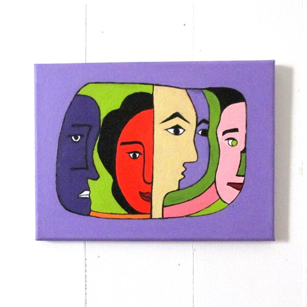 Abstract Art Oil Painting Stretched on Canvas Faces Figures Mexican Influence Purple Red and Pastels Size 9" x 12"