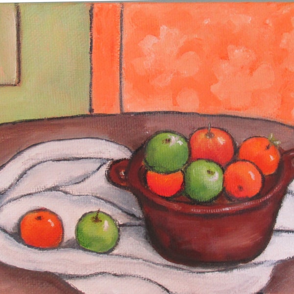 Original Printable Digital Art Oil Painting Impressionistic Style Life Oranges and Apples Mexican Pot Orange and Green