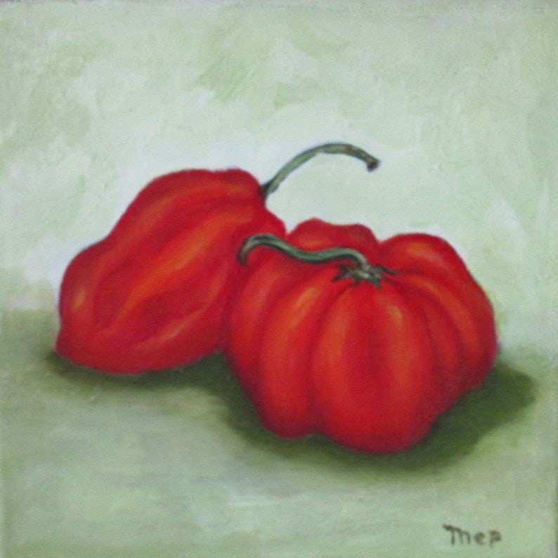 Sale Original Oil Painting Stretched Canvas Still Life Red Habanero