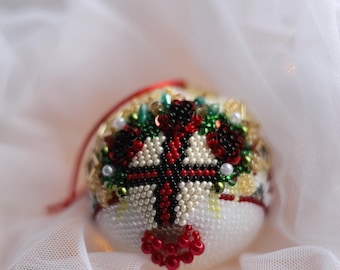 Ukrainische Motanka Kugel | Weihnachtskugeln | Stickerei ukrainisch Ornament | Weihnachtsbaum-Spielzeug mit gestickter Verzierung| Weihnachtsbaum