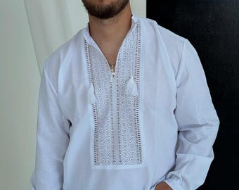 Men’s Ukrainian Embroidered Shirt | White on White Vyshyvanka | Handmade Linen Shirt | Traditional Ukrainian Clothing for Men