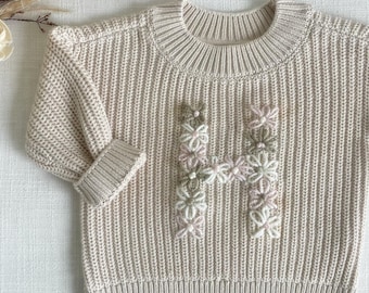 Personalised Newborn- Toddler Knit Jumper with Embroidered Beige Flower