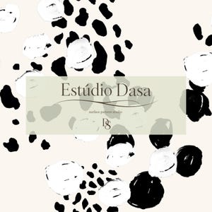 May include: Abstract pattern design featuring black and white brushstrokes on a cream background. The design includes large, rounded shapes and smaller, irregular spots. The text "Estúdio Dasa" is displayed in a rectangular banner.