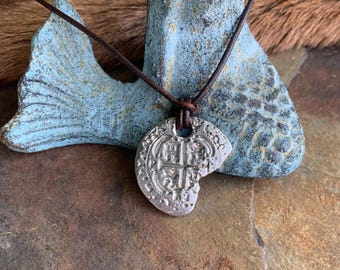 Distressed Pewter Piece of Eight Pendant: Pirate Talisman Necklace