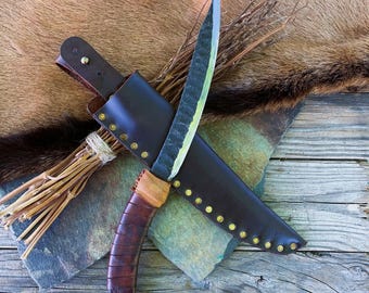 Hand-Forged Elvish Fantasy Blade – 12.5" Reclaimed Steel Knife with Leather Sheath