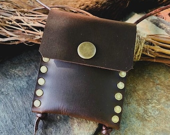 Mini Leather Spirit Bag with Brass Rivets – Witchcraft, Herbs, Crystals, Cosplay, Reenactment