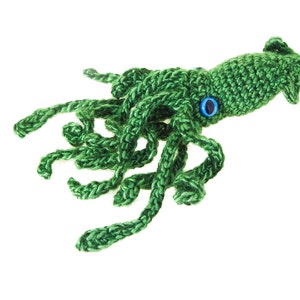 May include: Green crocheted squid with blue eyes. The squid has eight tentacles and is made of yarn.