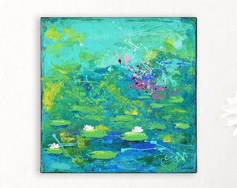 Hand-Painted Abstract Water Lilies Painting, Floral Wall Art