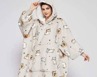 Kitty and Pup Wearable Blanket Hoodie: Unisex Oversized Loungewear