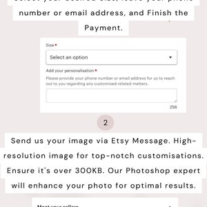 May include: A step-by-step guide on how to order custom artwork from Etsy seller Craft Your WayCo. The guide includes instructions on selecting a size, providing personalization details, and sending a high-resolution image for optimal results. The seller's Etsy shop name and username are also included.