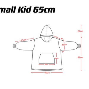 May include: Line drawing of a hooded sweatshirt with measurements in centimeters. The sweatshirt is 65cm long, 60cm wide, and has a 35cm sleeve length. The hood is 22cm tall and the pocket is 30cm wide and 20cm tall.