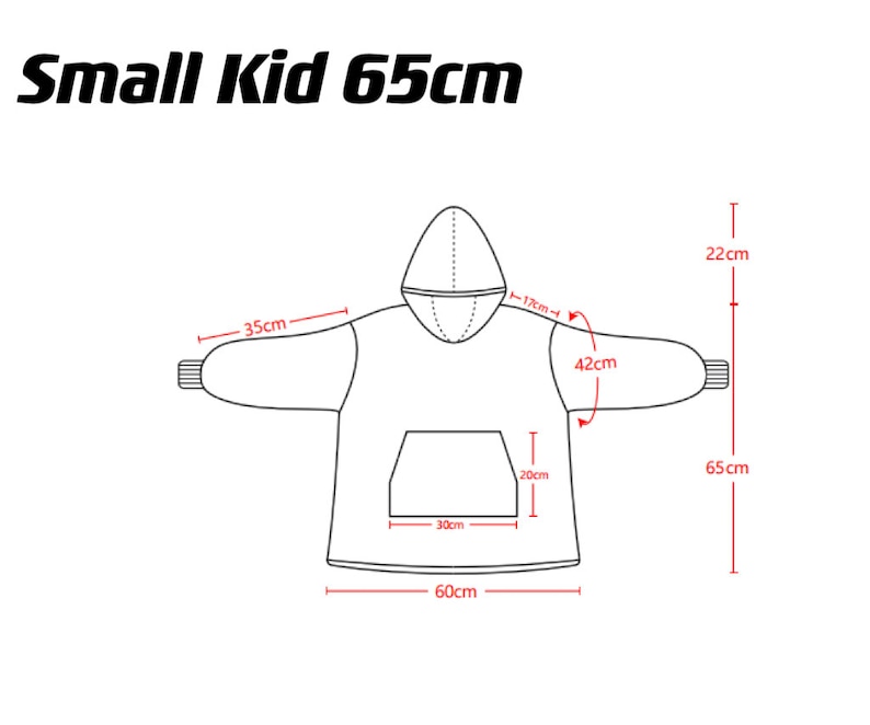 May include: Line drawing of a hooded sweatshirt with measurements in centimeters. The sweatshirt is 65cm long, 60cm wide, and has a 35cm sleeve length. The hood is 22cm tall and the pocket is 30cm wide and 20cm tall.