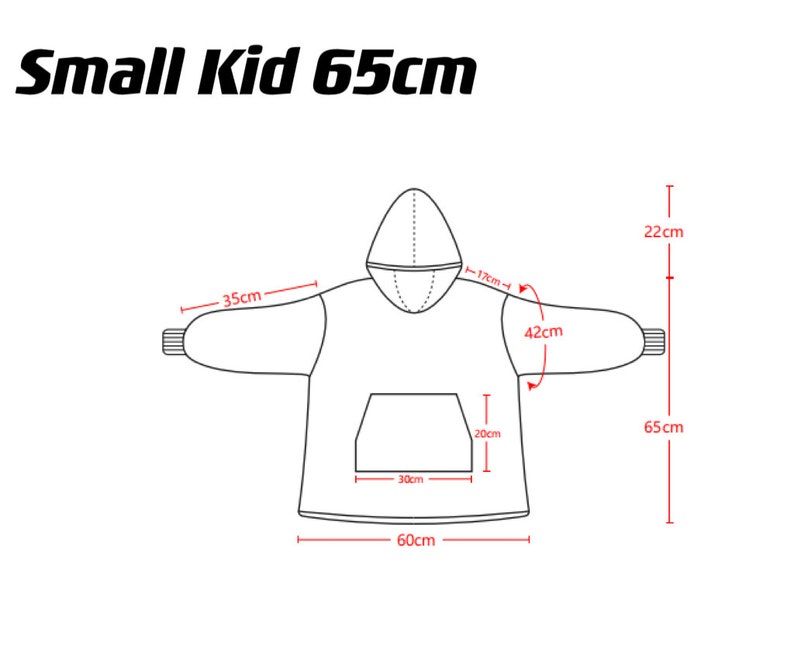 May include: Line drawing of a hooded sweatshirt with measurements in centimeters. The sweatshirt is 65 cm long, 60 cm wide, and has a 35 cm sleeve length. The hood is 22 cm tall and the pocket is 30 cm wide and 20 cm tall.